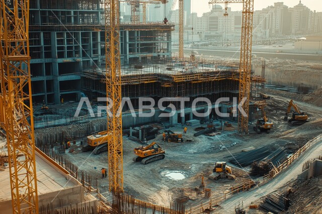 مفهوم تحسين البنية التحتية للبلاد، التطور المعماري والحضاري في المملكة العربية السعودية، تشييد المباني والمشاريع الضخمة، أعمال البناء والمقاولات والتطوير العقاري، إنشاء الأساسات والهياكل للمشروعات السكنية والمصانع، استخدام الرافعات والمعدات الثقيلة