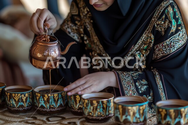 حسن الضيافه والإستقبال في الأعياد والمناسبات الدينية، اتباع العادات والتقاليد السعودية في تقديم القهوة بالدله النحاسية والفنجان، الاستمتاع بالمشروبات الساخنة، منتجات وطنية محلية، صورة مقربة لإمرأة عربية خليجية تقوم بصب القهوة العربية