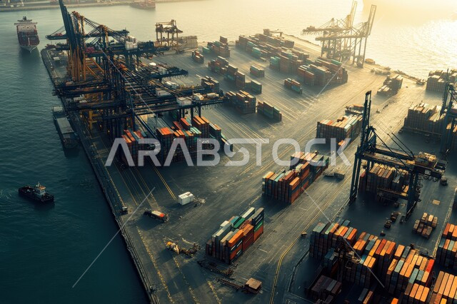 ازدحام القوارب والسفن في ميناء بحري لنقل البضائع في المملكة العربية السعودية في وقت الغروب، مرفأ تجاري لتوصيل السلع والمنتجات المحلية في البحار، مفهوم التجارة والصناعة والاقتصاد البحري