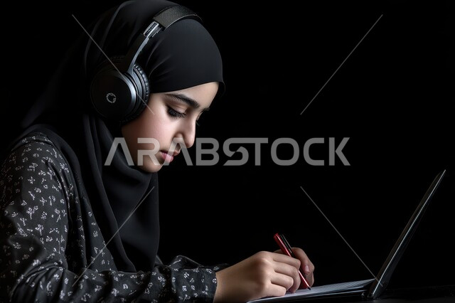 إجراء المكالمات والرد على العملاء، إدارة شؤون الأعمال وتنظيمها, النقر والتفاعل مع لوحة المفاتيح, التفكير في استراتيجيات وأهداف العمل، صورة مقربة من الجانب لموظفة عربية سعودية محجبة تعمل على جهاز اللابتوب في المكتب ضمن مقر الشركة، إيماءات التركيز والتمعن ، خلفيه سوداء