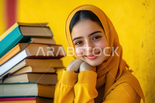 التفكير وشرود الذهن، النظر إلى الكاميرا  بإيماءات تدل على السعاده ، فتاة عربية خليجية سعودية تجلس على طاولة الدراسة امام مجموعه كتب  بتعابير إنتظار شيء ما , خلفيه صفراء