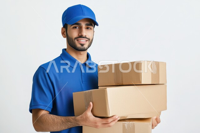 Reliable shipping and delivery process, portrait of a Saudi Arabian Gulf man wearing a blue hat working in delivering orders and goods to customers, delivery representative and warehouse keeper, white background.