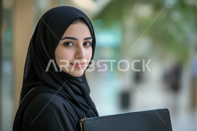 مفهوم الاهتمام بالمظهر الخارجي, صورة مقربة من الجانب لامرأة عربية خليجية سعودية  محجبة مبتسمة تحمل بيدها جهاز الحاسوب المحمول تنظر الى الكاميرا بإيماءات الفرح والسرور, استخدام تقنيات الحديثة المتطورة, مفهوم النعومة والأناقة.