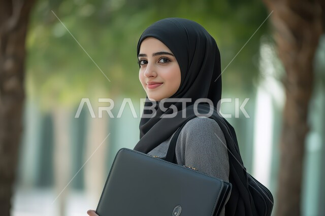 مفهوم الاهتمام بالمظهر الخارجي, صورة مقربة من الجانب لامرأة عربية خليجية سعودية  محجبة مبتسمة تحمل بيدها جهاز الحاسوب المحمول تنظر الى الكاميرا بإيماءات الفرح والسرور, استخدام تقنيات الحديثة المتطورة, مفهوم النعومة والأناقة.