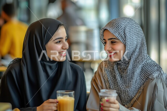 تعزيز العلاقات الاجتماعية بين الاصدقاء ، تبادل الحوارات و النقاشات المسليه، سيدتان عربيتان خليجيتان سعوديتان تقومان بشرب فنجان القهوة الساخنة ، جلسة صداقة و لقاء و تعارف، قضاء أوقات ممتعة في العطلة الصيفيه ، ايماءات السرور والسعاده