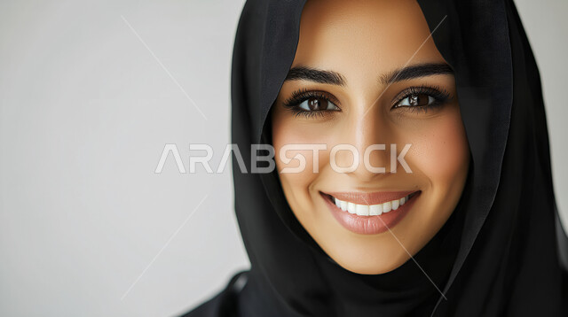 النعومة والأنوثة والاهتمام بالمظهر الخارجي، التقاط صورة شخصية للوثائق الرسمية، أزياء محجبات عصرية راقية، بورتريه مقرب لامرأة عربية خليجية سعودية محجبة ترتدي العباءة الحديثة وتنظر الى الكاميرا بإيماءات السرور و الثقة بالنفس، خلفية رمادية