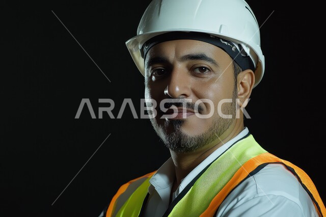 مفهوم الهندسة والانشاءات المعمارية، بورتريه مقرب لمهندس عربي خليجي سعودي مبتسم يرتدي الخوذه  وسترة الحماية ينظر إلى الكاميرا بإيماءات السرور، العمل في القطاع الهندسي، مهن ووظائف سعودية، خلفية سوداء