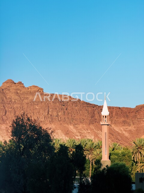 المناطق السياحية الشعبية في المملكة العربية السعودية، الفن الهندسي المعماري من الطوب الطيني لمسجد في البلدة القديمة في العلا،  أماكن دينية إسلامية لأداء العبادات والتقرب إلى الله تعالى، التشكيلات الضخريات للجبال والمرتفعات، صورة مقربة  للمأذنة بين الاشجار والنباتات الخضراء