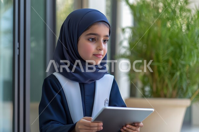 Using modern technical devices, browsing social networking sites on the Internet, a close-up photo of a smiling veiled Saudi Arabian Gulf girl holding a tablet in her hand, using modern and advanced technology