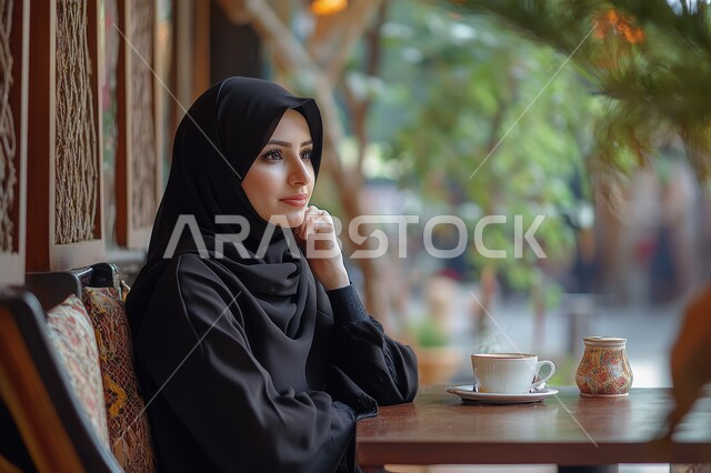 تناول المشروبات الدافئة، تسليه وترفيه في مقاهي المملكه السعوديه، صورة مقربه من الجانب لسيدة عربية خليجية سعودية محجبة ترتدي العباءة السوداء تنظر الى مكان ما تضع يدها خلف ذقنها، الإستمتاع بشرب القهوه في أجواء هادئه، قضاء وقت ممتع خارج المنزل، ملابس محجبات عصرية راقية