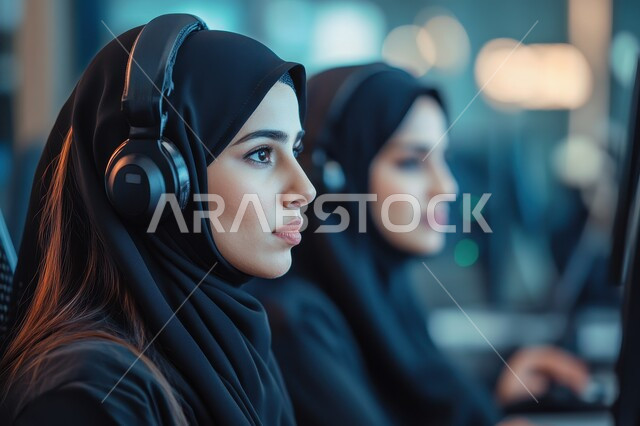 إدارة وتنظيم أعمال الشركة، مفهوم خدمة العملاء،  الإجابة على الأسئلة والاستفسارات, قسم الاستعلامات والاتصال، امرأة عربية خليجية سعودية محجبة ترتدي سماعات الرأس وتعمل على الحاسوب المحمول في المكتب, مهن ووظائف مكتبية نسائية, دمج العمل مع التقنية والتكنولوجيا