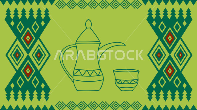 نقوش السدو مع دلة القهوة العربية، رمز كرم الضيافة وحسن الاستقبال في المملكة السعودية، الفن التراثي الحرفي التقليدي، تصاميم بأشكال هندسية للزخرفة العربيه الاصيله الملونة, التراث السعودي الشعبي