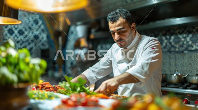 اعداد وتحضير الطعام في مطابخ و مطاعم المملكة العربية السعودية، فنون ومهارات الإبتكار، صورة مقربة لطباخ عربي خليجي سعودي يرتدي الزي الرسمي الخاص بمزاولة المهنة يقوم بعمله في مطبح المطعم، وجبة ذات قيمة غذائية عالية