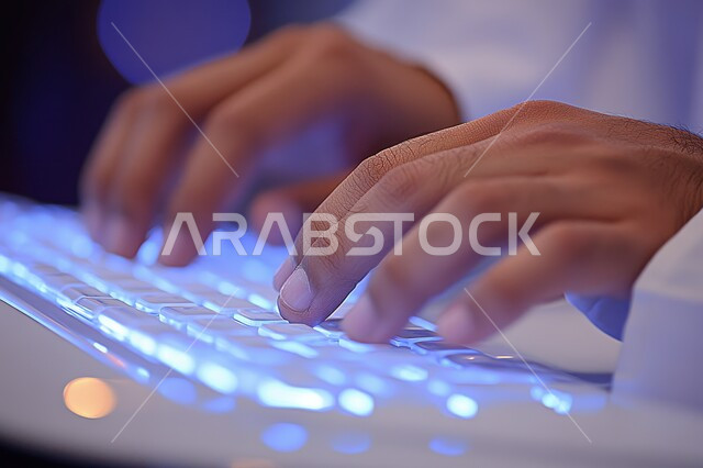  صناعة المحتويات النصية والتسويق والترويج للمواقع الالكترونية، القيام بالاعمال الادارية ،صورة مقربة ليد رجل عربي خليجي سعودي يستخدم الحاسوب المحمول للقيام بادخال البيانات ،الكتابة من خلال لوحة المفاتيح المضاءة باللون الأزرق