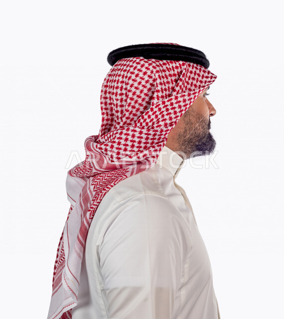 Close-up portrait of a Saudi Gulf man doing a photo session with different facial and hand gestures, side view of a Saudi man wearing traditional Saudi costume with shemagh and headband, white background