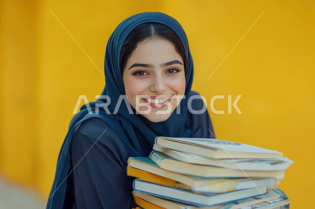 مفهوم الشغف بالقراءة, بورتريه مقرب لامراة عربية خليجية سعودية محجبة ترتدي العباءة تمسك مجموعة من الكتب تنظر إلى الكاميرا بإيماءات السعادة والسرور, الكتب و الروايات المسلية, أماكن هادئة مريحة للدراسة، ممارسة هواية المطالعة، خلفية صفراء