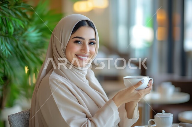 ملامح الأنوثة والنعومة، الاستمتاع بتناول المشروبات الساخنة، الجلسات الهادئة في إحدى الكافيهات الراقية في المملكة، صوره مقربه لإمرأة عربية خليجية سعودية مبتسمه محجبه تحمل بيدها فنجان قهوة تنظر الى الكاميرا بايماءات السرور والسعاده