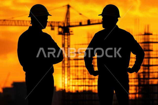 انشاء مشاريع جديدة في المملكة العربيه السعودية، صورة من الخلف لمهندسان عربيان خليجيان سعوديان يقفان في موقع العمل وقت غروب الشمس، مفهوم التطوير العقاري والهندسي، بناء خطط استراتيجية ومقاولات سكنية