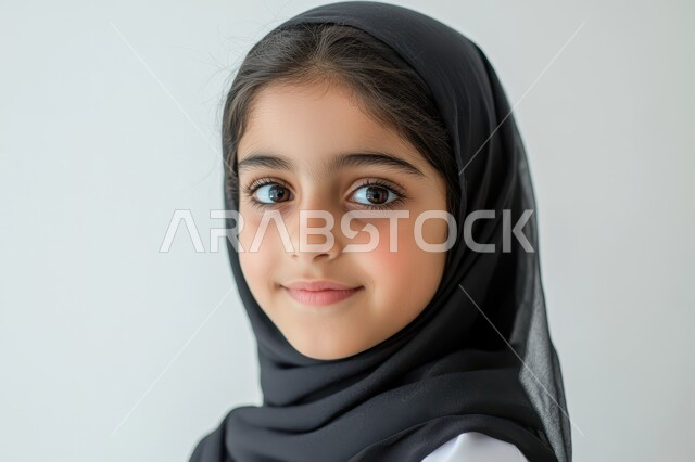 التقاط صور شخصية للوثائق المدرسية, الإهتمام بالمظهر الخارجي للأطفال الصغار، بورتريه مقرب لطفلة عربيه خليجيه سعودية محجبة تنظر إلى الكاميرا مبتسمة، ارتداء الملابس الجديده في الأعياد والمناسبات، خلفيه بيضاء