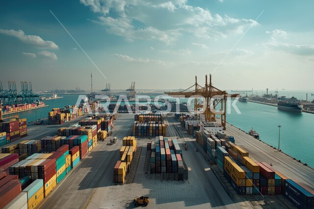 Transport and receipt of storage containers via the maritime economy, export and import of goods in Saudi Arabia through the use of modern advanced means, a picture from above of containers for shipping and storing commercial goods, trade of goods and local products via ships at sea