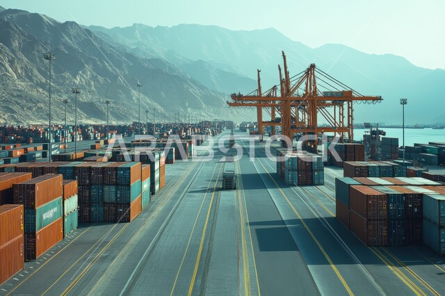 Transport and receipt of storage containers via the maritime economy, export and import of goods in Saudi Arabia through the use of modern advanced means, a picture from above of containers for shipping and storing commercial goods, trade of goods and local products via ships at sea