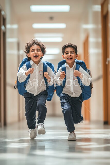 مفهوم التعليم الدراسي في السعودية، الإستعداد للذهاب إلى المدرسة، طالبان عربيان خليجيان سعوديان يرتديان الزي المدرسي يحملان الحقيبة المدرسية وينظران إلى الكاميرا بإيماءات الفرح، الطول الكامل للجسم، العودة إلى المدارس