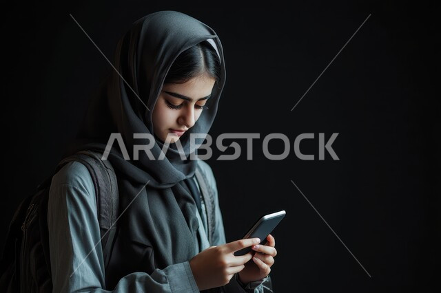 Browsing websites and pages, using technology and modern techniques everywhere, close-up portrait of a veiled Saudi Arabian Gulf young woman holding a mobile phone in her hand and looking at it with gestures of concentration, chatting and communicating with family and friends, elegance and interest in outward appearance