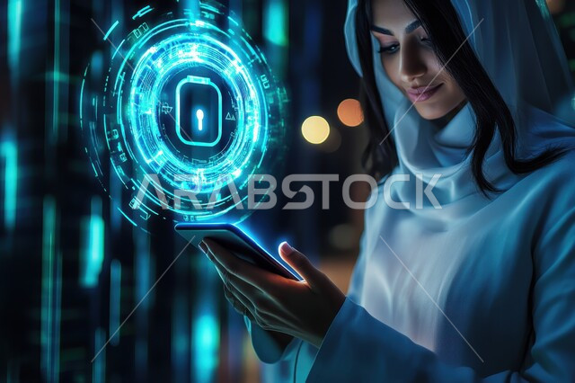 Electronic development and technological growth in the field of artificial intelligence, holographic digital symbols for the Internet, close-up image of a veiled Saudi Arabian Gulf young woman wearing an abaya completing work and tasks using a mobile phone, modern digital technology