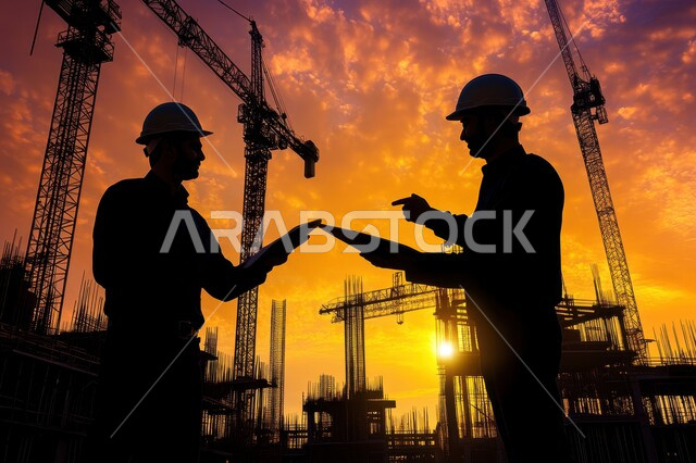 انشاء مشاريع جديدة في المملكة العربيه السعودية، صورة من الجانب لمهندسان عربيان خليجيان سعوديان يقفان في موقع العمل يشرفان على مخططات العمل وقت غروب الشمس، مفهوم التطوير العقاري والهندسي، بناء خطط استراتيجية ومقاولات سكنية