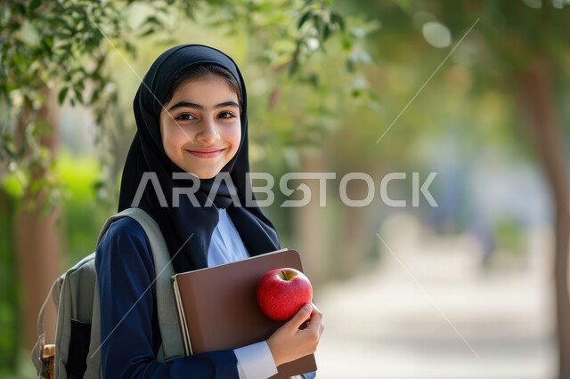 صورة مقربة لطالبة عربية خليجية سعودية ترتدي الزي المدرسي تحمل الحقيبة المدرسية وبيدها الكتب المدرسية وفاكهة التفاح الأحمر، الإستعداد للعام الدراسي الجديد، التعليم الدراسي في المملكة العربية السعودية، مفهوم العودة إلى المدارس