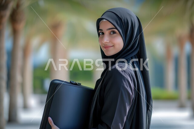 أهمية التعليم في بناء مستقبل متطور للمجتمع السعودي، جودة الحياة في المدارس والجامعات السعودية، طالبة جامعية خليجية عربية سعودية مبتسمة ترتدي العباءة السوداء تحمل الحقيبة الدراسية، النظر إلى الكاميرا بإيماءات السرور