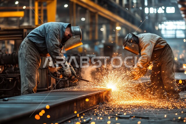 ارتداء الزي الواقي للحمايه من الشرار المتناثر في المعمل, المهارة في اتقان العمل في مصنع الحداده, صورة مقربة لمهندسين صناعيين عربيان خليجيان سعوديان يرتدون خوذة الحماية والقفازات يقومون بلحام المعدن, تجهيز وتوصيل الحديد بمعدات وأدوات لحامية, مهن وأعمال سعوديه