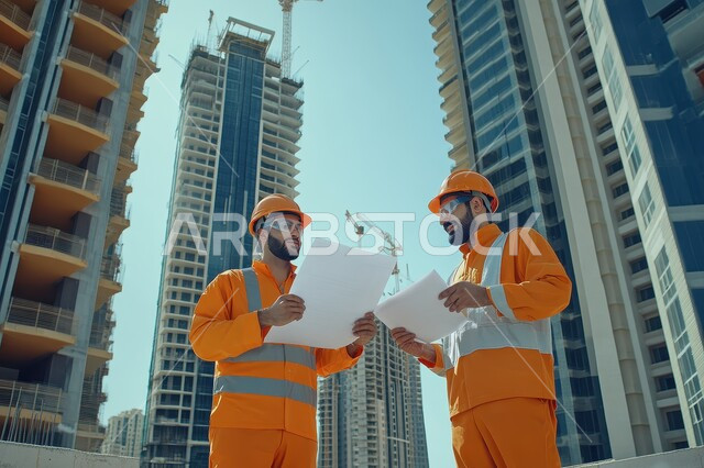 الإشراف والتدقيق على العمل، مهن ووظائف سعودية، مهندسان عربيان خليجيان سعوديان يقومان بالتعاون ومتابعة الاعمال والمخططات، ارتداء سترة وخوذة الامان والحماية، الاهتمام بالتطوير الهندسي العمراني الابراج والأبنية السكنية