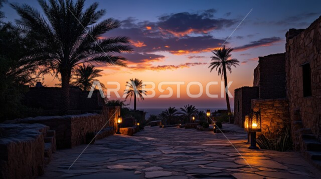 ممر محاط بالنباتات الخضراء وأشجار النخيل في الحديقة, الهندسة الفنية المعمارية لبناء الحدائق في المملكة العربية السعودية, أماكن سياحية طبيعية, مناطق النزهات والتسلية والترفيه وقضاء الوقت الممتع, الاستمتاع بمنظر غروب الشمس في الطبيعة