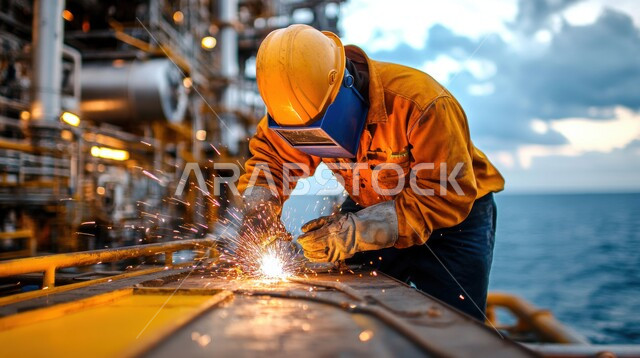 مفهوم الهندسة و الصناعية، مراقبة جودة إنتاج القضبان الحديدية، استخدام الأجهزة والتقنيات الحديثة والمتطورة في المجالات الهندسية، صورة مقربة من الخلف لمهندس صناعي عربي خليجي سعودي في مصنع الحديد يرتدي خوذة الحماية الخاصة بالعمل