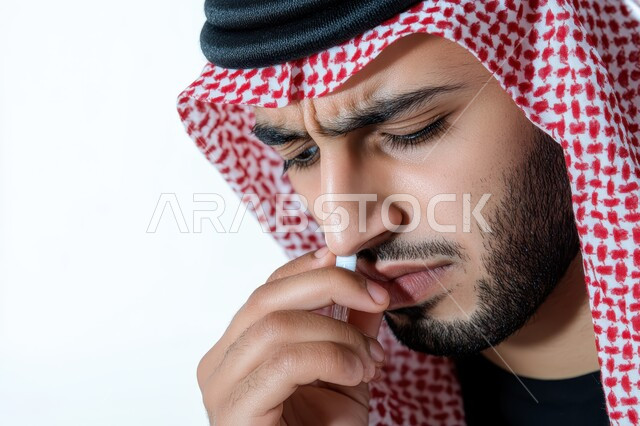 استنشاق وتعاطي المواد السامة، القيام بعادات سلوكية ضارة، المعاناة من الاضطرابات النفسية والمشاكل الصحية، الآثار السلبية للادمان، صورة مقربة لرجل عربي خليجي سعودي يرتدي الشماغ والثوب التقليدي يقوم بشم المخدرات