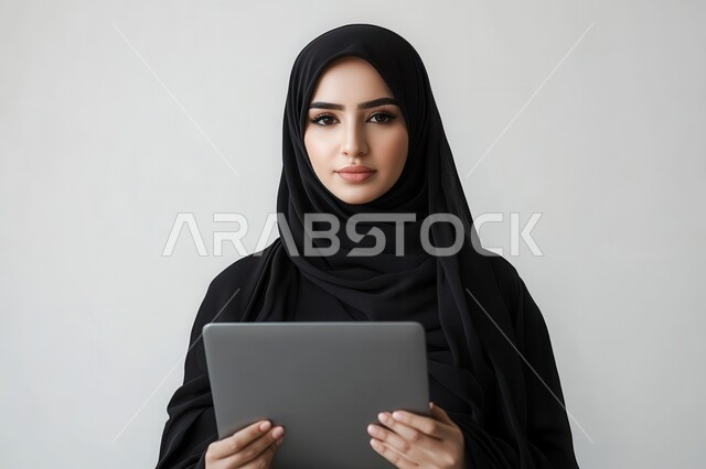 مفهوم إنجاز المهام عن بعد, استخدام الأجهزة والتقنيات الحديثة, بورتريه مقرب لشابة عربية خليجية سعودية محجبة تمسك بيدها جهاز التابليت تنظر إلى الكاميرا بإيماءات السعادة والسرور, التسوق الالكتروني عبر الأونلاين, متابعة وإدارة الأعمال الادارية, تصفح المواقع الالكترونية, خلفية بيضاء