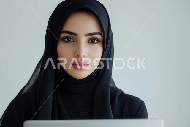 The concept of accomplishing tasks remotely, using modern devices and technologies, a close-up portrait of a veiled Saudi Arabian Gulf young woman holding a tablet in her hand, looking at the camera with gestures of happiness and pleasure, online shopping, following up and managing administrative work, browsing websites, white background