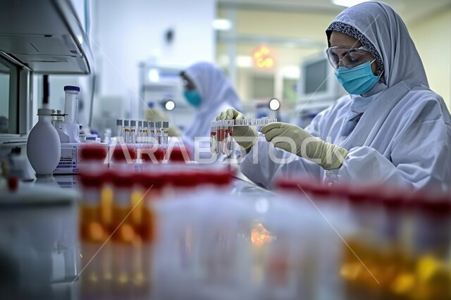 أجهزة الفحص الدقيقة للمواد الكيمائية, صورة مقربة من الجانب لطبيبة مخبرية عربية خليجية سعودية محجبة ترتدي المعطف الطبي الأبيض تقوم بفحص العينات عبر جهاز المجهر في مخبر الأبحاث الطبية المتطور, تطور التكنولوجيا الحيوية في المختبرات العلمية, مهن ووظائف نسائية