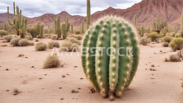 مجموعة من نبات الصبار الشوكي في المناطق الصحراوية, النباتات الشوكية البرية في المحميات الطبيعية, نمو الشوكيات والأعشاب في براري المملكة العربية السعودية