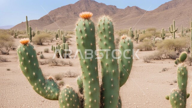 مجموعة من نبات الصبار الشوكي في المناطق الصحراوية, النباتات الشوكية البرية في المحميات الطبيعية, نمو الشوكيات والأعشاب في براري المملكة العربية السعودية