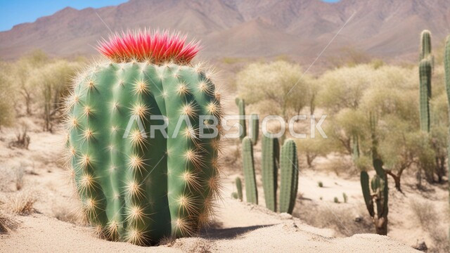A group of prickly cactus plants in desert areas,Wild prickly plants in nature reserves,Growth of prickly plants and herbs in the wilds of the Kingdom of Saudi Arabia