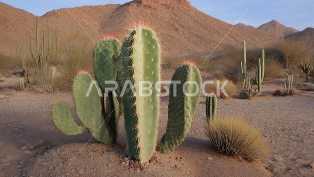 النباتات الشوكية البرية في المحميات الطبيعية, مجموعة من نبات الصبار الشوكي في المناطق الصحراوية, نمو الشوكيات والأعشاب في براري المملكة العربية السعودية
