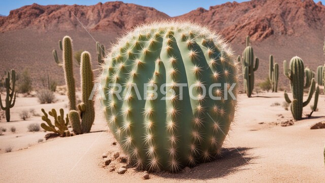 مجموعة من نبات الصبار الشوكي في المناطق الصحراوية, نمو الشوكيات والأعشاب في براري المملكة العربية السعودية, النباتات الشوكية البرية في المحميات الطبيعية