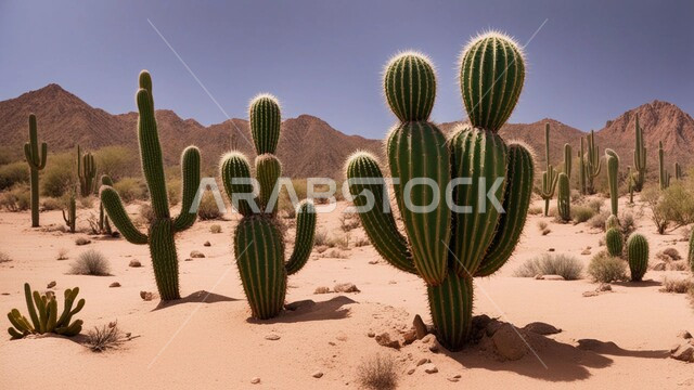 مجموعة من نبات الصبار الشوكي في المناطق الصحراوية, نمو الشوكيات والأعشاب في براري المملكة العربية السعودية, النباتات الشوكية البرية في المحميات الطبيعية