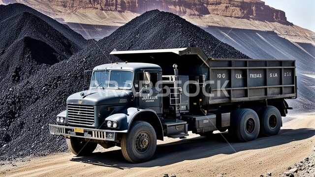 أماكن مناجم الفحم الطبيعي، مناطق التنقيب عن الثروات الباطنية الخام، شاحنة كبيرة تسير على طريق اسفلتي في صحراء المملكة العربية السعودية, القمم والمرتفعات وتضاريس السلاسل الجبلية