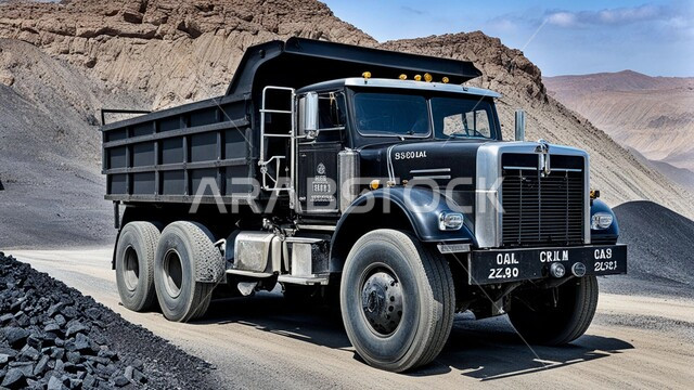 أماكن مناجم الفحم الطبيعي، مناطق التنقيب عن الثروات الباطنية الخام، شاحنة كبيرة تسير على طريق اسفلتي في صحراء المملكة العربية السعودية, القمم والمرتفعات وتضاريس السلاسل الجبلية