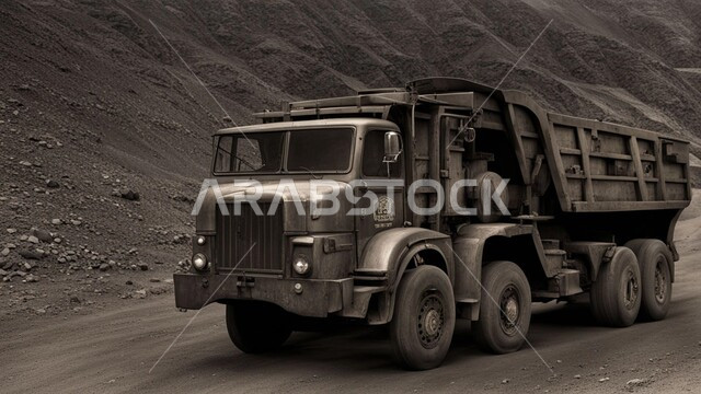 أماكن مناجم الفحم الطبيعي، مناطق التنقيب عن الثروات الباطنية الخام، شاحنة كبيرة تسير على طريق اسفلتي في صحراء المملكة العربية السعودية, القمم والمرتفعات وتضاريس السلاسل الجبلية