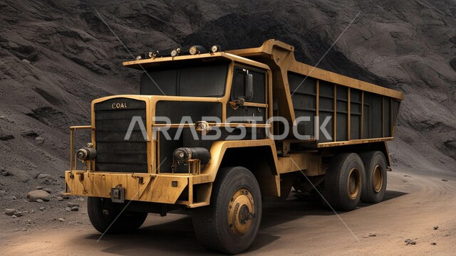 أماكن مناجم الفحم الطبيعي، مناطق التنقيب عن الثروات الباطنية الخام، شاحنة كبيرة تسير على طريق اسفلتي في صحراء المملكة العربية السعودية, القمم والمرتفعات وتضاريس السلاسل الجبلية