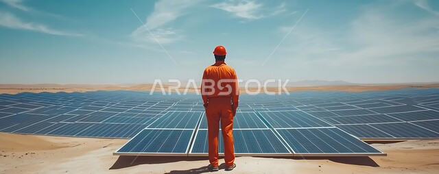 Renewable energy stations in the Saudi desert, solar photovoltaic panels, back view of a Saudi Arabian Gulf engineer wearing a helmet and a protective vest reviewing the work application for installing solar panels, generating electricity using alternative energy